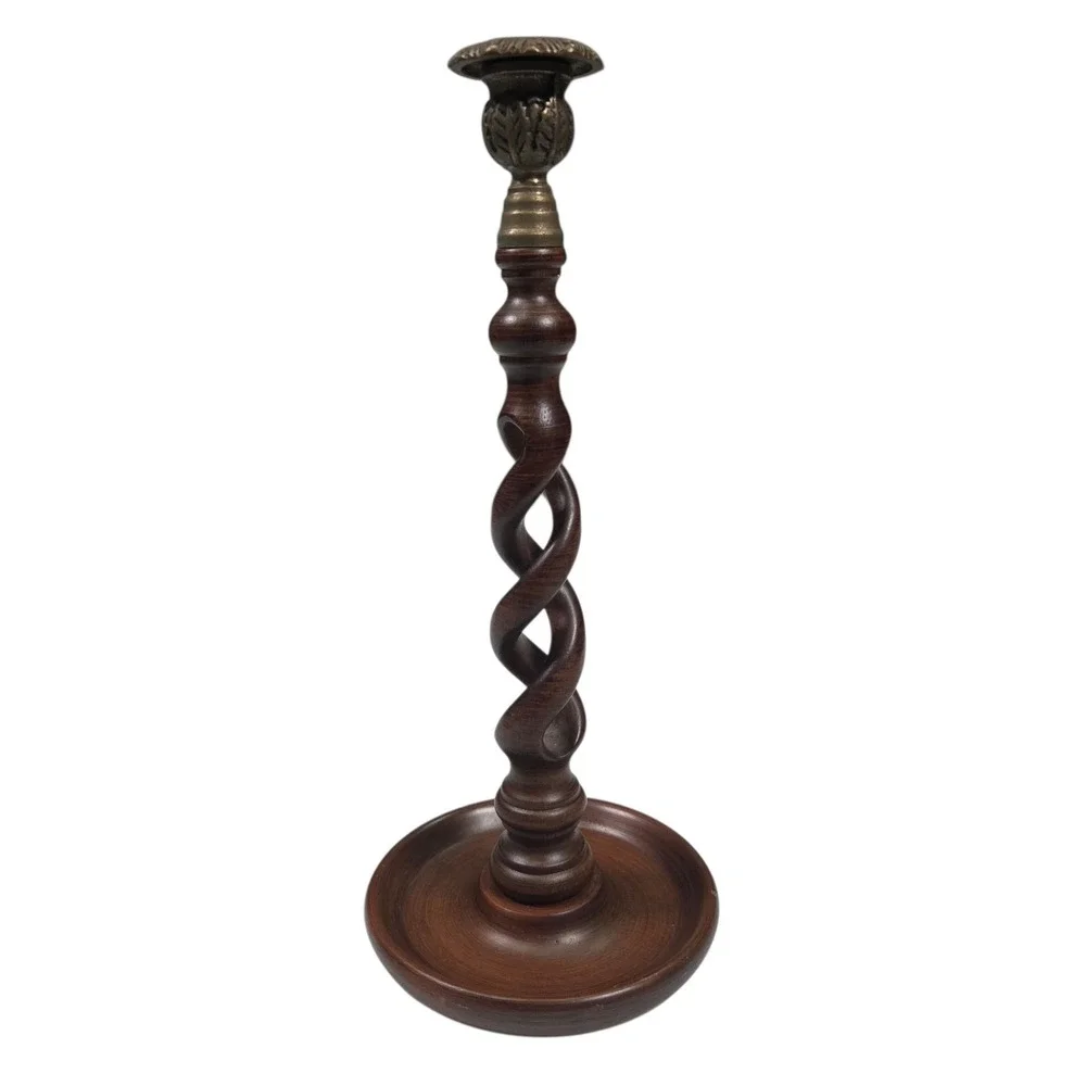 Antique English Oak Wood Candlestick‎ Holders Brass Open Barley Twist